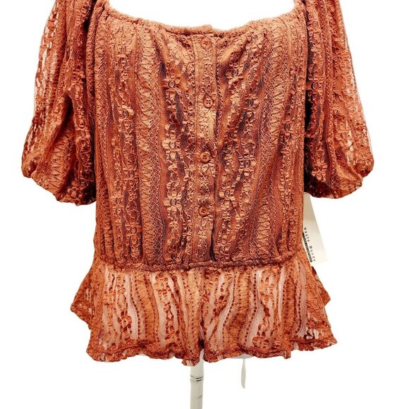 Rust Lace Peplum Blouse With Puff Sleeves & Satin Back-Tie Detail Size L - Picture 3 of 14